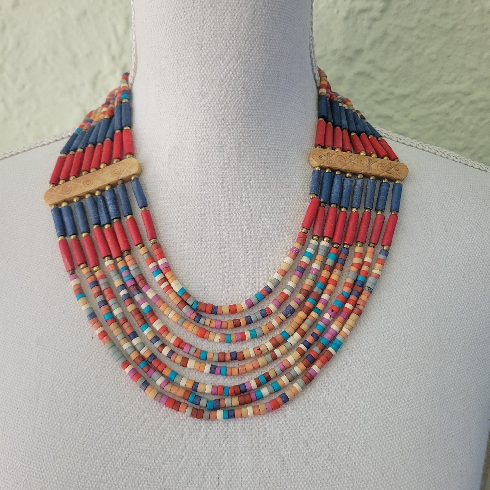 Vintage 8 Strand Statement Necklace Ethnic Round Button Bar Rainbow Beaded 20".